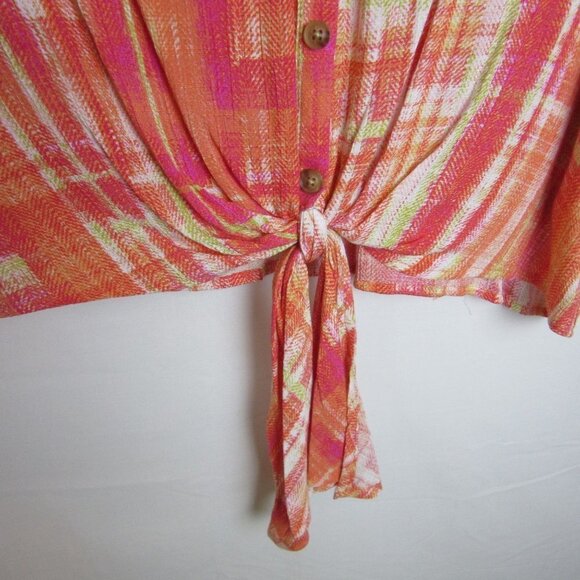 Democracy Button Front Flowy Blouse Front Tie Wing Sleeves Pink Women's Med - Picture 2 of 5